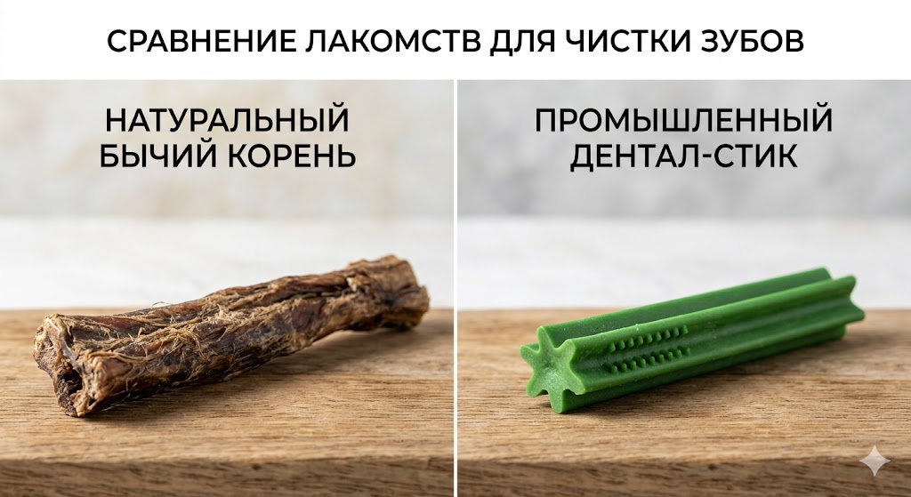 Сравнение натуральных и покупных лакомств для чистки зубов.