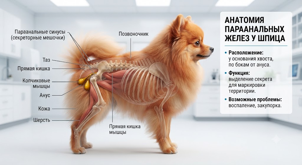 Анатомическая инфографика, показывающая, где находятся параанальные железы у шпица.