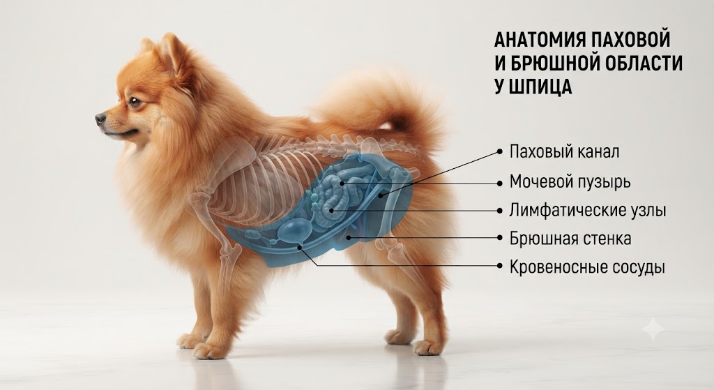 Анатомическая схема, объясняющая, как формируется крипторхизм у шпица в период роста щенка.